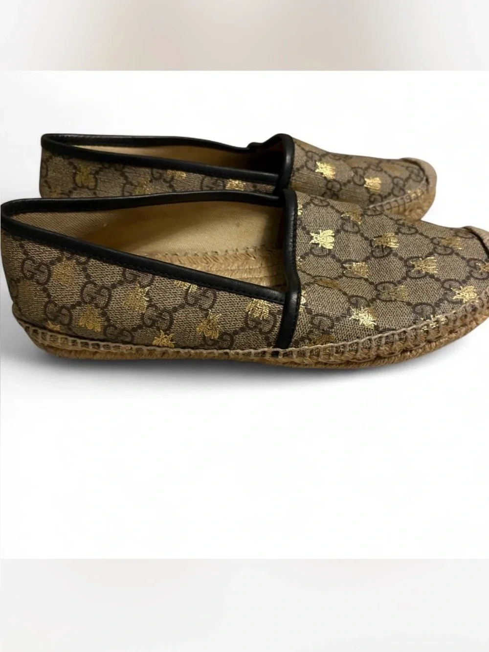 Gucci Brown & Black Monogram Espadrille Flats with Gold Bee Detail